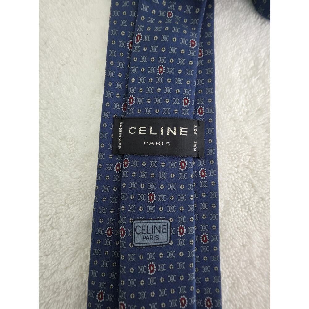 CELINE Paris Men's Blue Red White Geometric Woven Silk Designer Tie w/ Logo - Picture 2 of 3